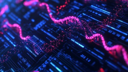 High-tech circuit board design integrated with DNA strands, glowing patterns.