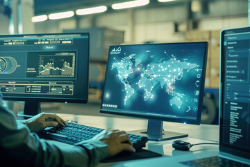 Naklejka premium Virtual supply chain manager coordinating logistics operations, tracking shipments, optimizing routes with specialized software