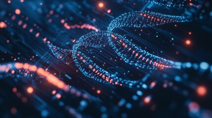 High-tech circuit board design integrated with DNA strands, glowing patterns.