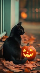 Black Cat Sitting on a Spooky Porch with Glowing Jack-o-Lantern and Eerie Mist