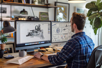 Virtual industrial designer creating 3D models of machinery, refining prototypes, sharing designs with engineers