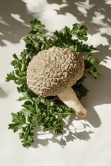 macro shot of a white truffle resting on a bed of fresh greens, with soft shadows creating a visually appealing contrast.