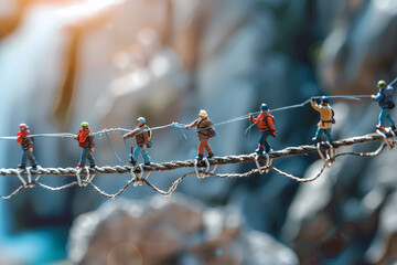 A team of miniature figurines navigating a tightrope, showcasing teamwork and courage in a stunning outdoor setting.