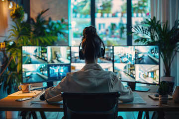 Virtual plant manager overseeing multiple factories, monitoring operations in real-time, communicating with supervisors remotely