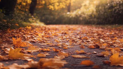 Fototapeta premium Maple leaves scattered across a path, creating a warm autumnal atmosphere.