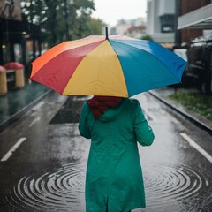 Woman with a Brightly Colored Umbrella Standing on a Rainy Street