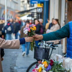 Street Vendor&rsquo;s Hand Reaching Out to Offer Flowers to a Customer