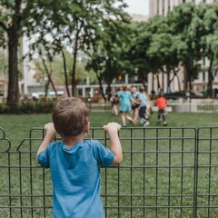 Young Boy Peeking Quickly Through the Bars of a Fence