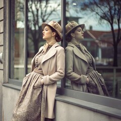 Woman in a Vintage Dress Leaning Against a Window