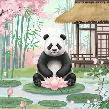 A Serene Image of a Zen Panda Meditating on a Lotus with a Tranquil Garden Background