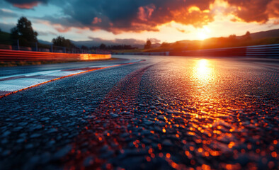 Beautiful race track with glowing lines at sunset, wide angle. Racing background