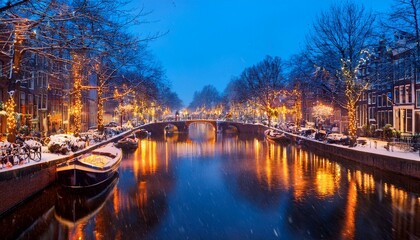 Fototapeta premium A serene view of a snowy canal in Amsterdam at night. 