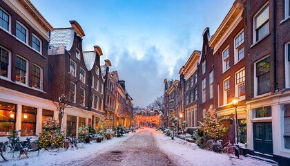A quaint, snow-covered Dutch street in the heart of Amsterdam.