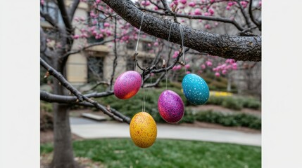 Colorful easter eggs hanging from a tree in a park