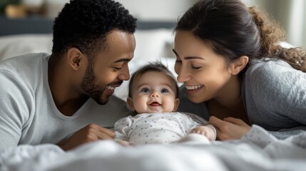 Fototapeta premium A tender moment captured with mixed-race parents and their baby lying on a bed, all smiling with warmth and love.