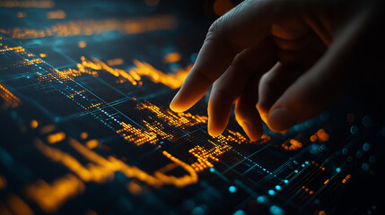 Naklejka premium A hand is pointing at a screen with a lot of numbers and lines