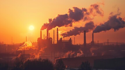 Industrial landscape with sunset colors, factory silhouette