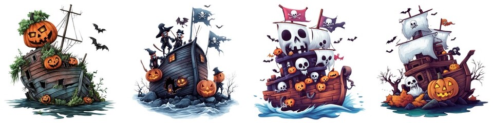 Colorful Halloween-themed pirate ships featuring pumpkins, bats, and spooky characters on a haunted sea.