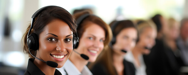 A diverse group of customer service representatives working efficiently in a modern office environment during the day