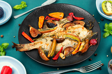 Whole baked flounder or flatfish.