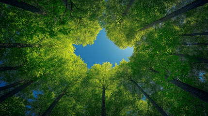 A forest with a clear blue sky above it