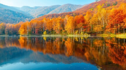 Obraz premium Serene lake with vibrant autumn foliage reflection