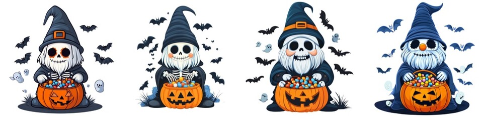 Playful Halloween skeleton illustrations featuring witches, pumpkins, and bats. Perfect for festive decorations and party themes.