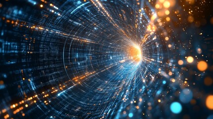 Quantum computing technology visualized as entangled particles and data streams.