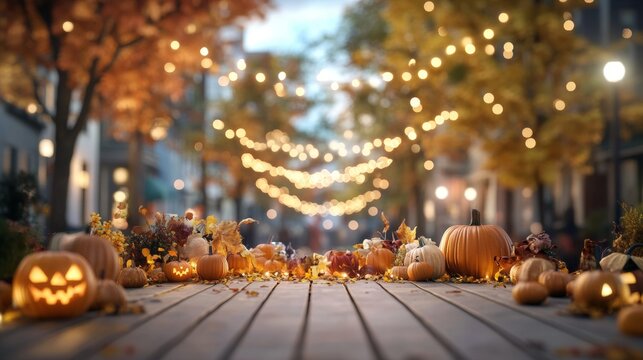 A Halloween block party families decorating pumpkins together at a long table