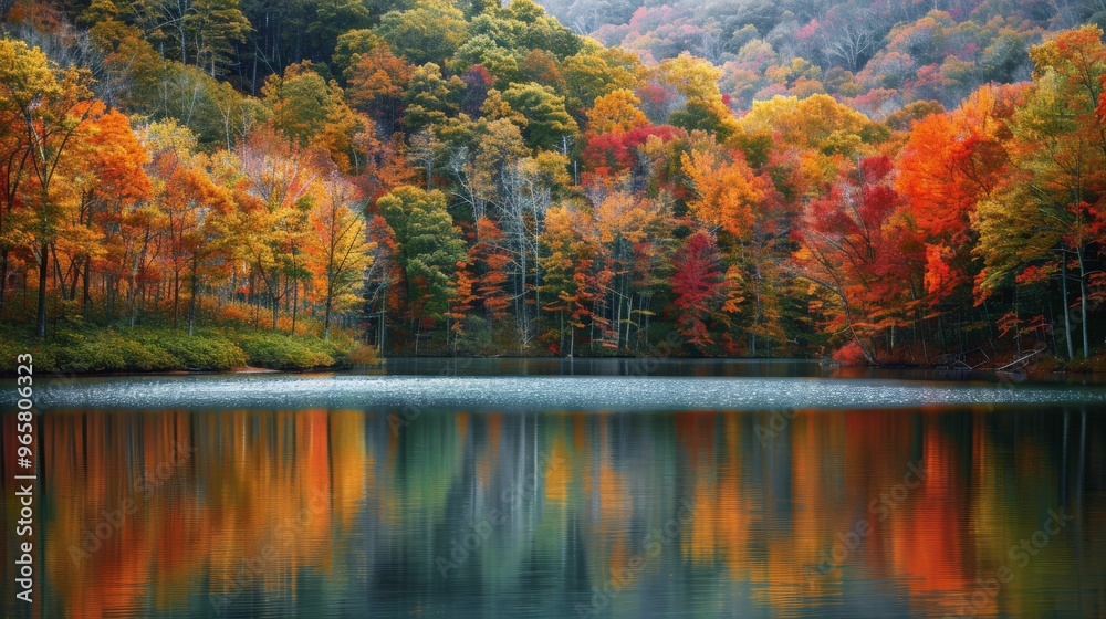Poster tranquil lake surrounded by colorful fall trees