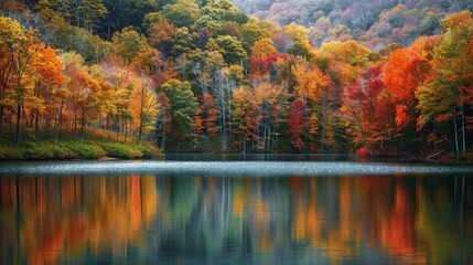 Tranquil lake surrounded by colorful fall trees