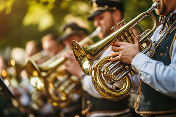 Traditional German Band in Lederhosen Playing at Oktoberfest  