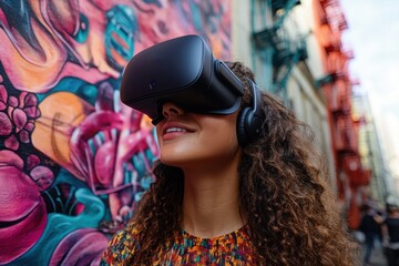 Obraz premium A person equipped with a VR headset explores street art in an outdoor urban setting, representing a blend of technology and culture, where the tactile world meets digital landscapes.