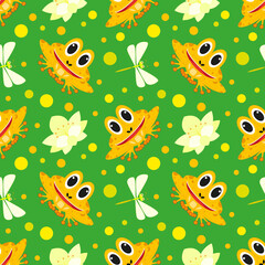 Vector illustration. Funny cartoon pond seamless pattern. Smiling frog, reed, acquatic plants, blooming lotus flower, dragonfly on bright background.