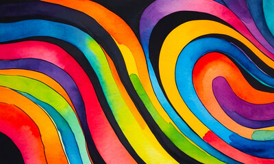 Curved bright multicolored stripes on black background, abstract pattern