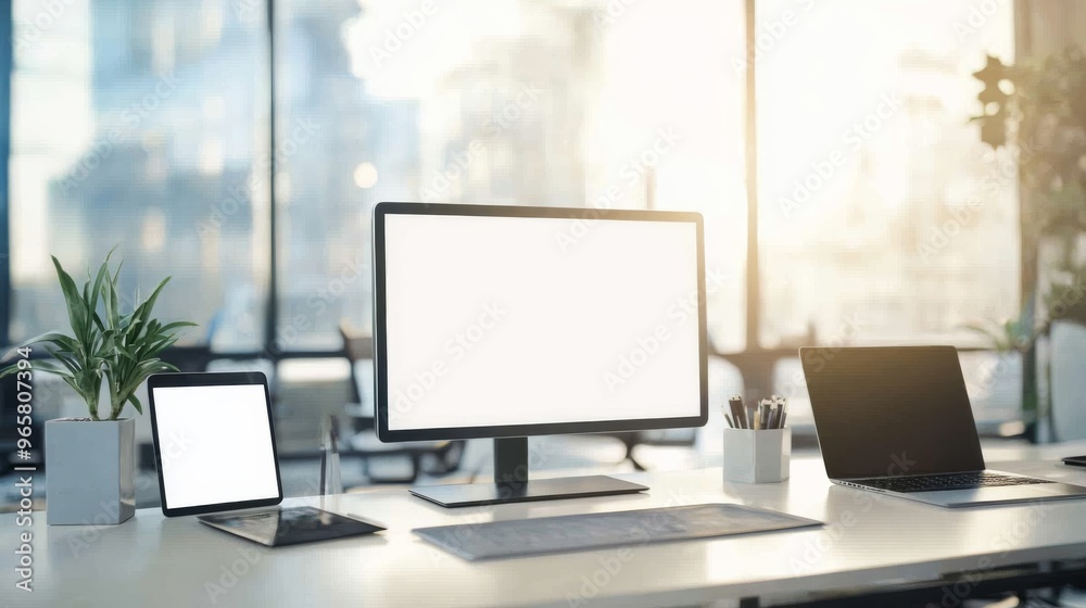 Aufkleber Clean tech workspace with monitor laptop tablet smartphone and empty background