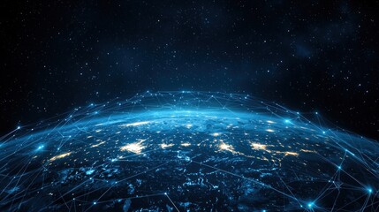 Obraz premium Abstract futuristic digital background with blue glowing global network and internet connections on a dark planet Earth globe. Digital technology, big data connection concept