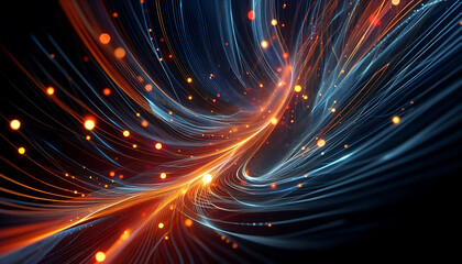 Abstract dynamic flowing lines in vibrant orange blue hues composition evokes a feeling of motion and light suggesting a digital or futuristic theme against a dark background
