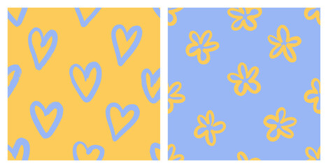 Naive playful seamless pattern set with doodle Hearts and Daisy in Yellow and Blue colors. Contemporary minimalistic trendy backgrounds for kids. Fun design for wrapping paper, covers and fabric.