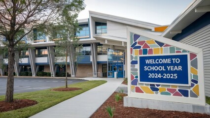 Modern school entrance with welcome sign. Contemporary design. Back to school theme. Educational setting. Ideal for academic promotions. Wide view