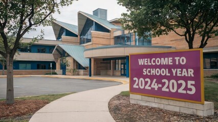 Welcoming new school year 2024-2025. Modern educational building exterior. Back to school concept. Education facility for students, teachers. Use in banners, posters, flyers