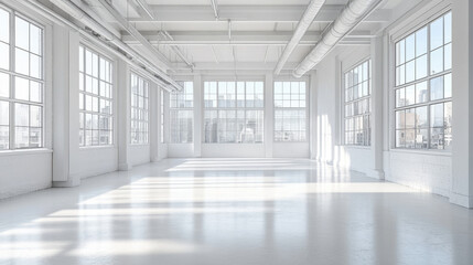 Obraz premium White Room, A bright, empty white room features large windows and exposed pipes, creating a spacious and minimalistic atmosphere