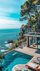 Fototapeta premium Luxury Infinity Pool Villa, Ocean View, Modern Architecture, Stunning Views, Idyllic Retreat.