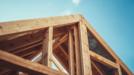 Fototapeta premium Freshly built wooden house frame, construction site, bright day, clear and simple background