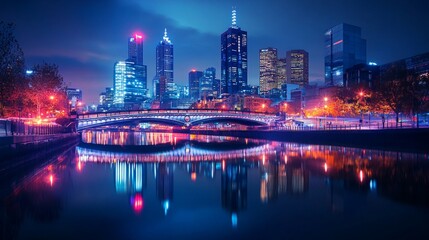 Fototapeta premium Twilight Serenity, an elegant bridge gracefully spanning a shimmering river, city lights dancing on the water's surface as night envelops the urban landscape.