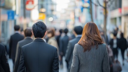 Group of people walking down a busy street with a blurry background