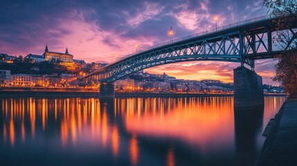 Fototapeta premium Elegant urban bridge, shimmering river reflections, vibrant city lights, enchanting nightfall ambiance, showcasing architectural beauty and urban serenity.