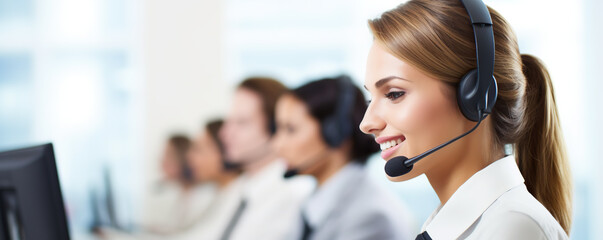 Customer service representative assisting clients at a busy office during work hours with a headset and computer