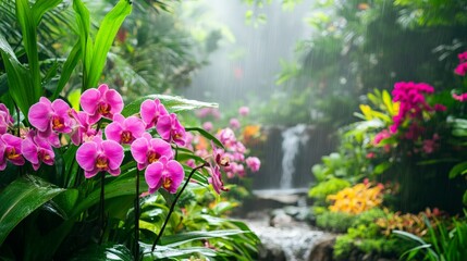 Beautiful orchids in a tropical garden, with lush greenery and a soft waterfall in the distance