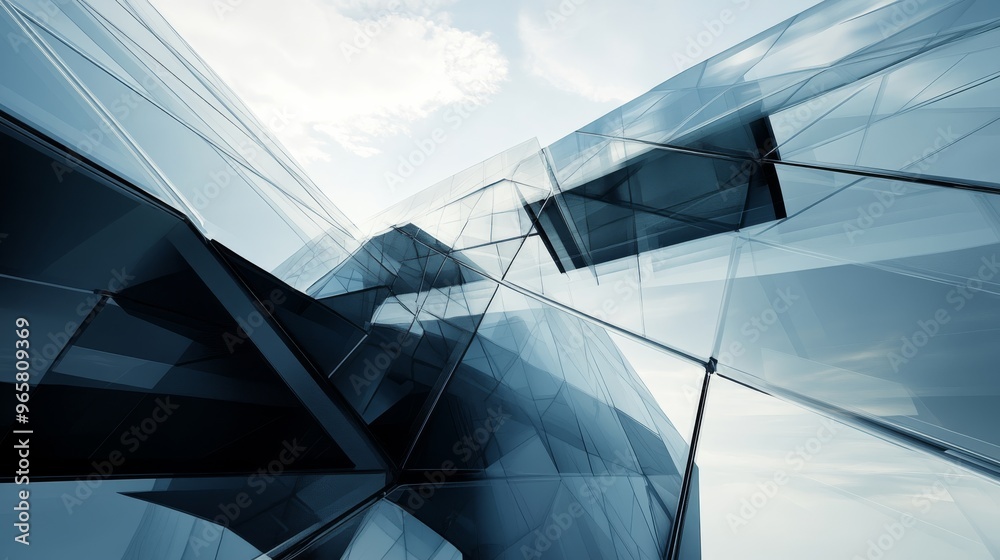 Aufkleber Innovative office building featuring a futuristic design with large glass panels and sharp angles. Close-up photo with clean background --ar 16:9 --v 6.1 Job ID: d8504802-fea0-40e6-a9cc-e7e7e58f48b5